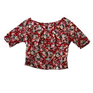 Vintage Floral Crop Top Red Blue Button Back Boat Neck Blouse Cottagecore Sz S